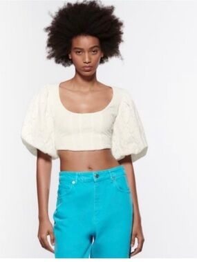 Zara Cotton Eyelet Puff-Sleeve Square-Neck Cropped Top